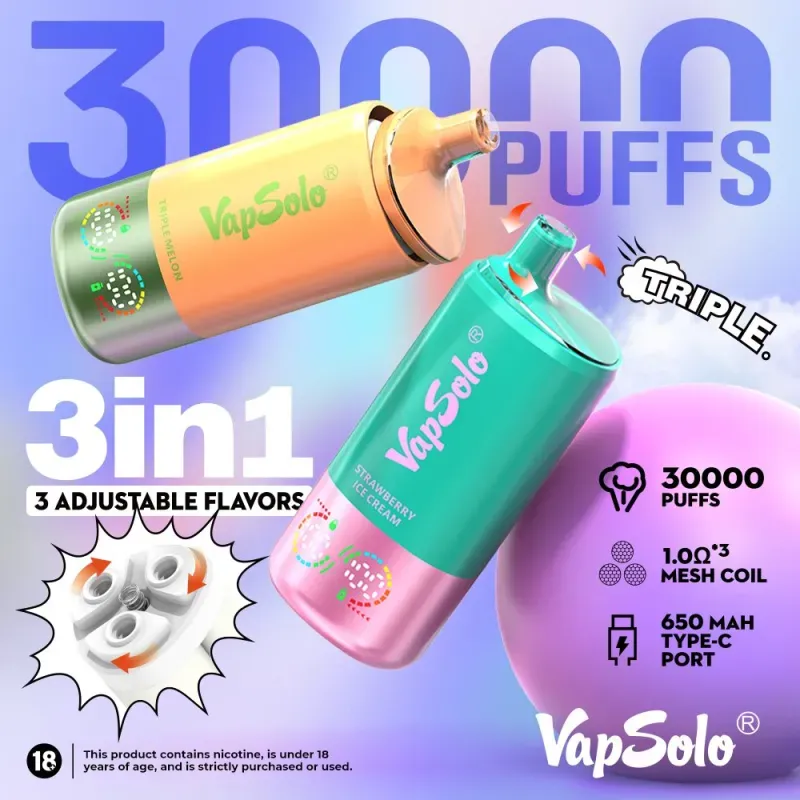 Vapsolo Triple 30000 Puffs|Смак 3-в-1, 36 мл електронної рідини, РК-екран, одноразовий вейп